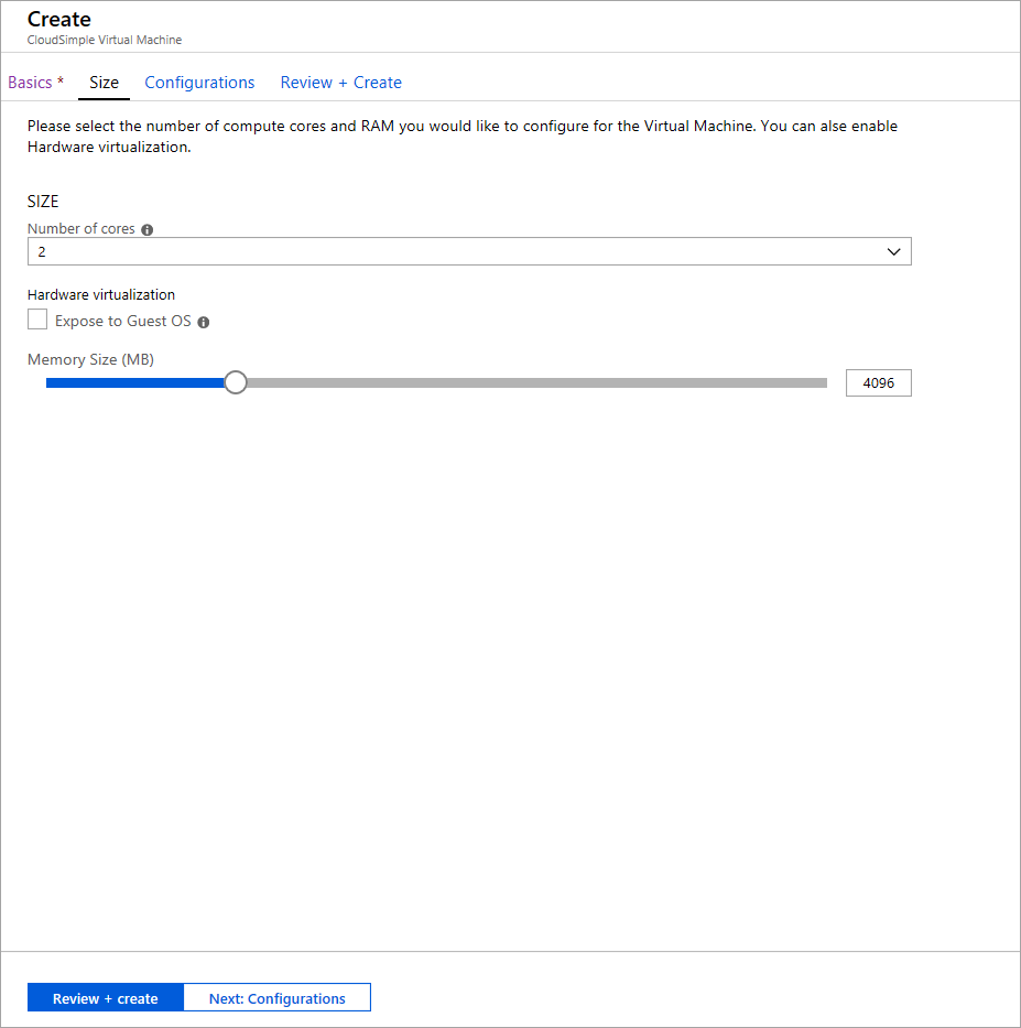 Creación de una máquina virtual de CloudSimple: tamaño