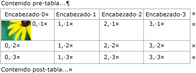 Tabla incrustada con imagen en un contenedor de texto