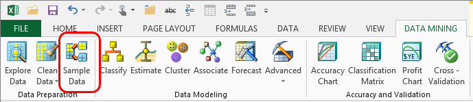 Asistente para particiones de datos en la cinta de opciones de Minería de Datos