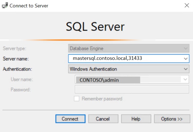 Cuadro de diálogo Conectarse a SQL Server en SSMS