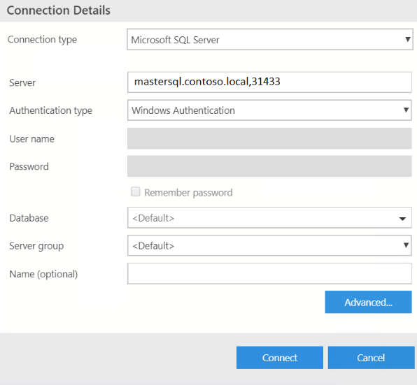 Conexión a SQL Server en el cuadro de diálogo de Azure Data Studio