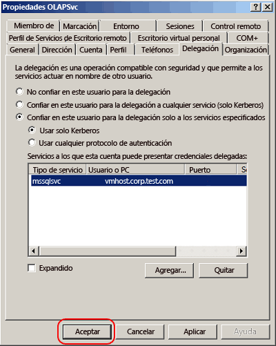 Página Propiedades de la cuenta rellena