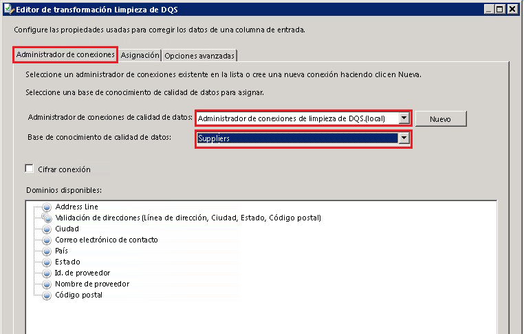 Editor de transformación Limpieza de DQS - Knowledge Base de los proveedores