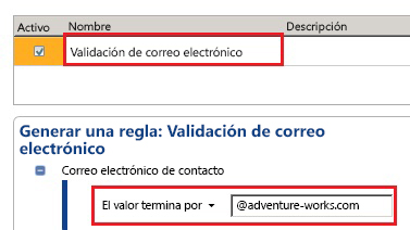 Regla de validación de correo electrónico