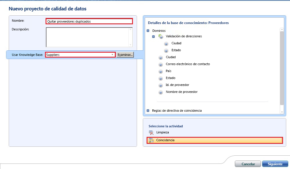 Nuevo proyecto de calidad de datos - Coincidencia seleccionada