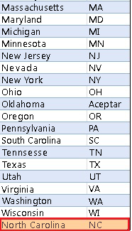 Excel - Agregar North Carolina a Estados