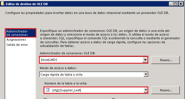 Editor de destino OLEDB
