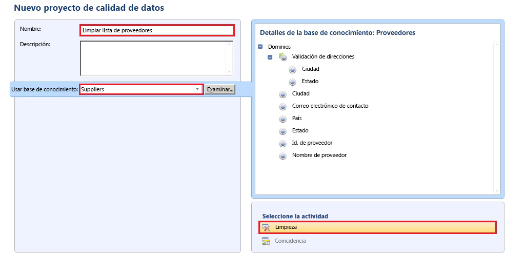 Página Nuevo proyecto de calidad de datos - Limpieza seleccionada