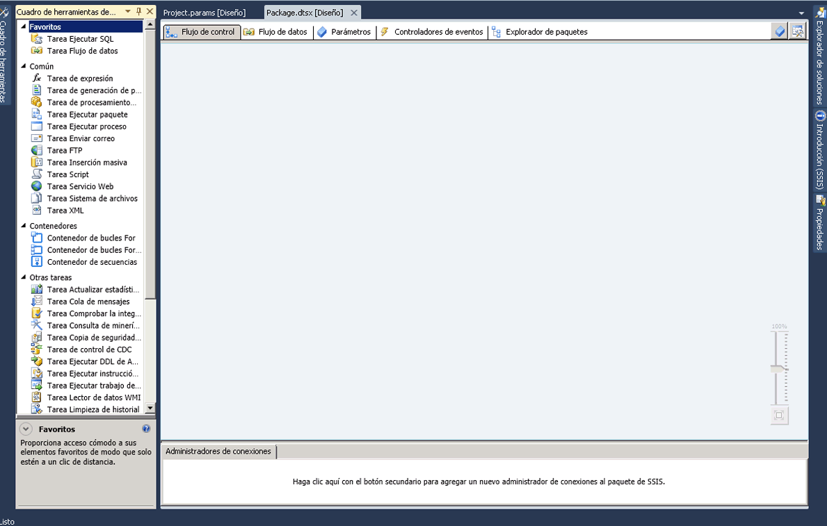 Captura del Diseñador y el cuadro de herramientas de SSIS