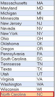 Excel - Agregar Carolina del Norte a Estados