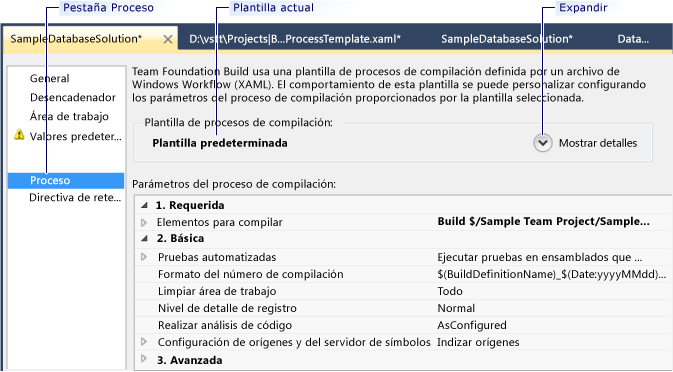 Pestaña Proceso para nueva definición de compilación