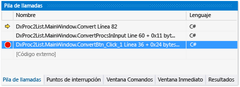 Punto de interrupción en la ventana Pila de llamadas