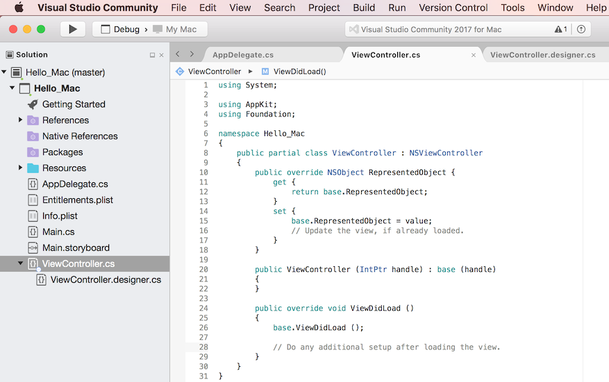 Visualización del archivo ViewController.cs en Visual&nbsp;Studio para Mac