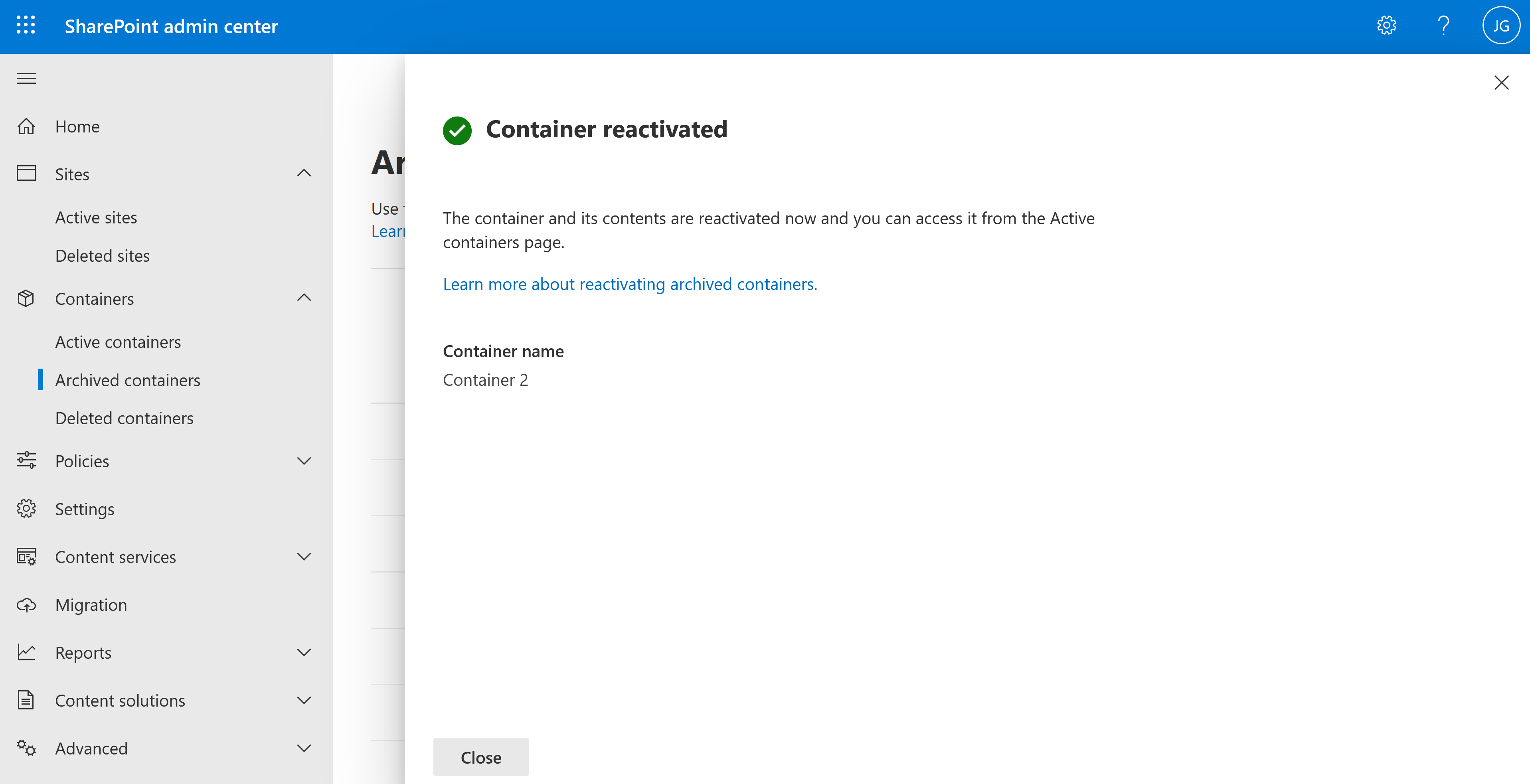 Confirmación reactivada del contenedor