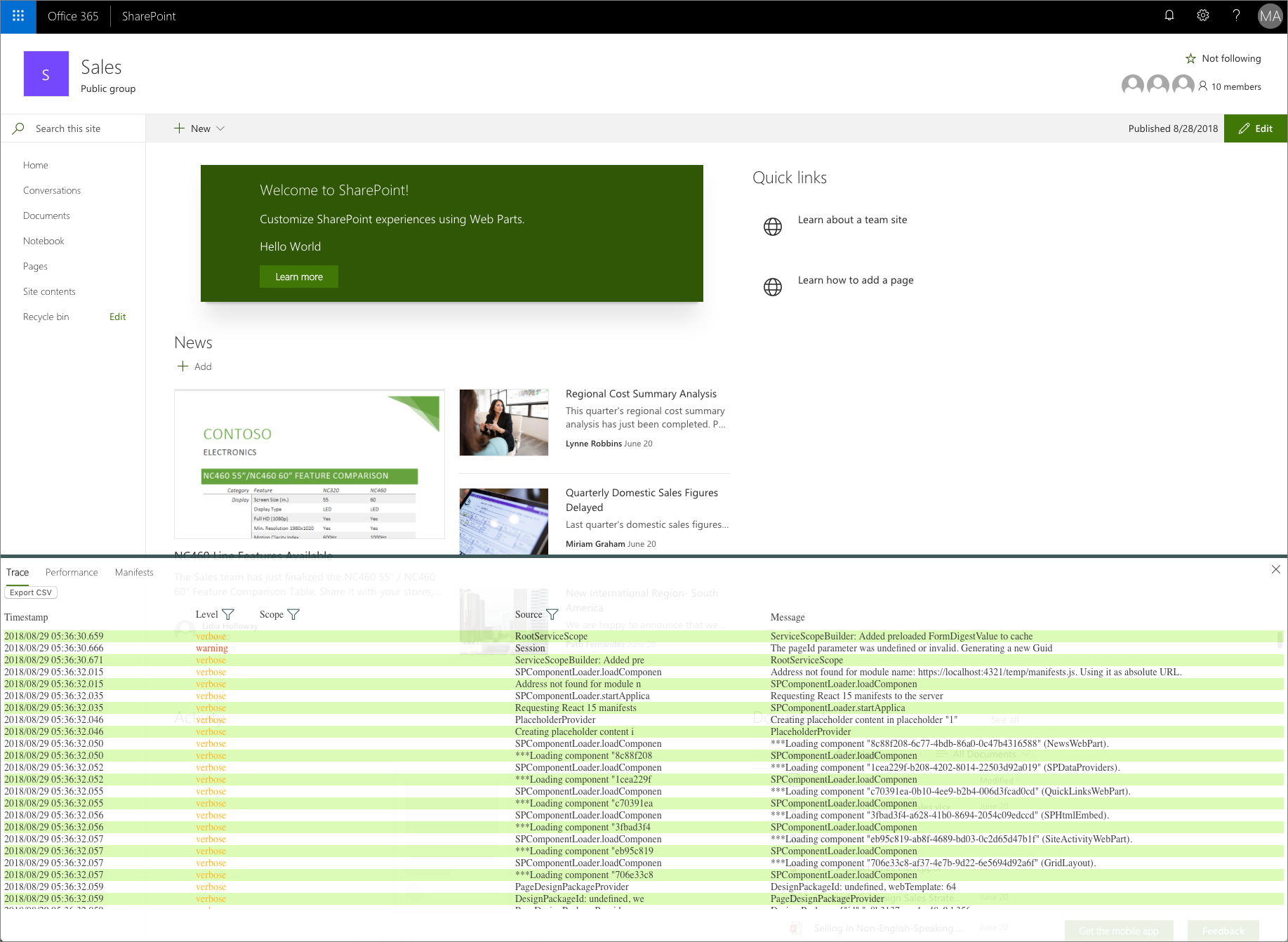 Panel del programador activado en una página moderna de SharePoint