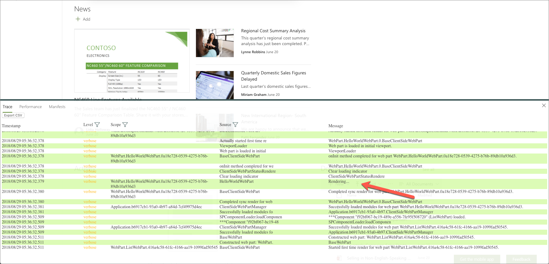 Mensaje detallado registrado desde un elemento web de SharePoint Framework que aparece en el panel del programador
