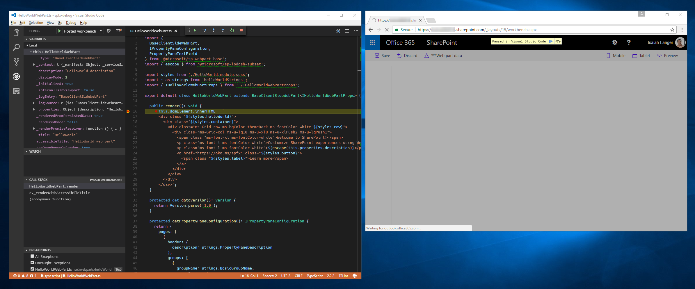 Punto de interrupción alcanzado en Visual Studio Code mientras se depura un elemento web del lado cliente de SharePoint Framework en el área de trabajo hospedada