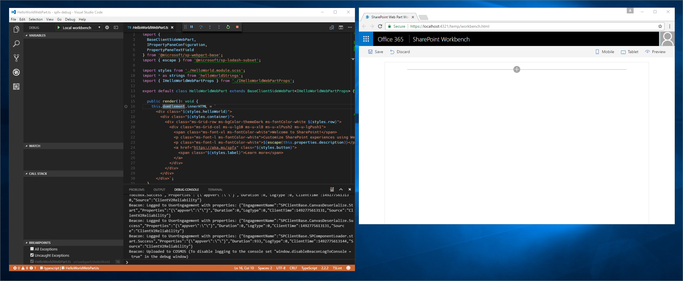 Visual Studio Code en modo de depuración junto a Google Chrome con el área de trabajo de SharePoint