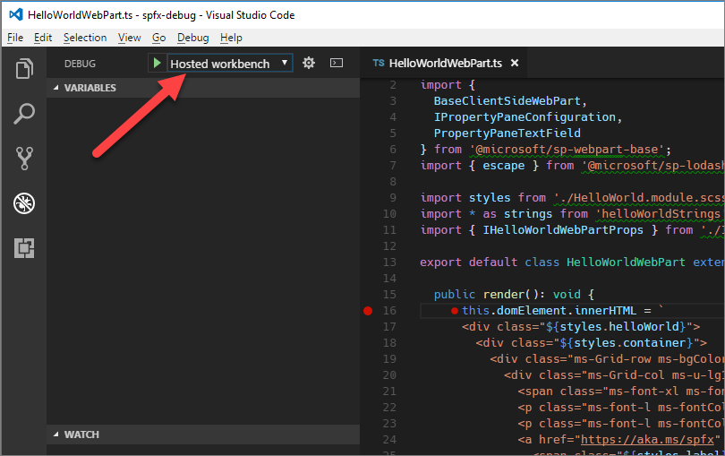 La configuración del área de trabajo hospedada, seleccionada en la lista desplegable de configuraciones de depuración de Visual Studio Code