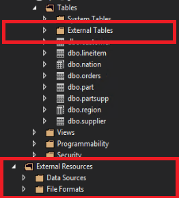 Captura de pantalla de objetos de PolyBase en SQL Server Data Tools (SSDT).