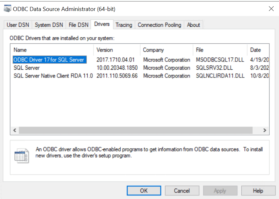 Captura de pantalla de los controladores de Administrador de origen de datos ODBC que están disponibles.