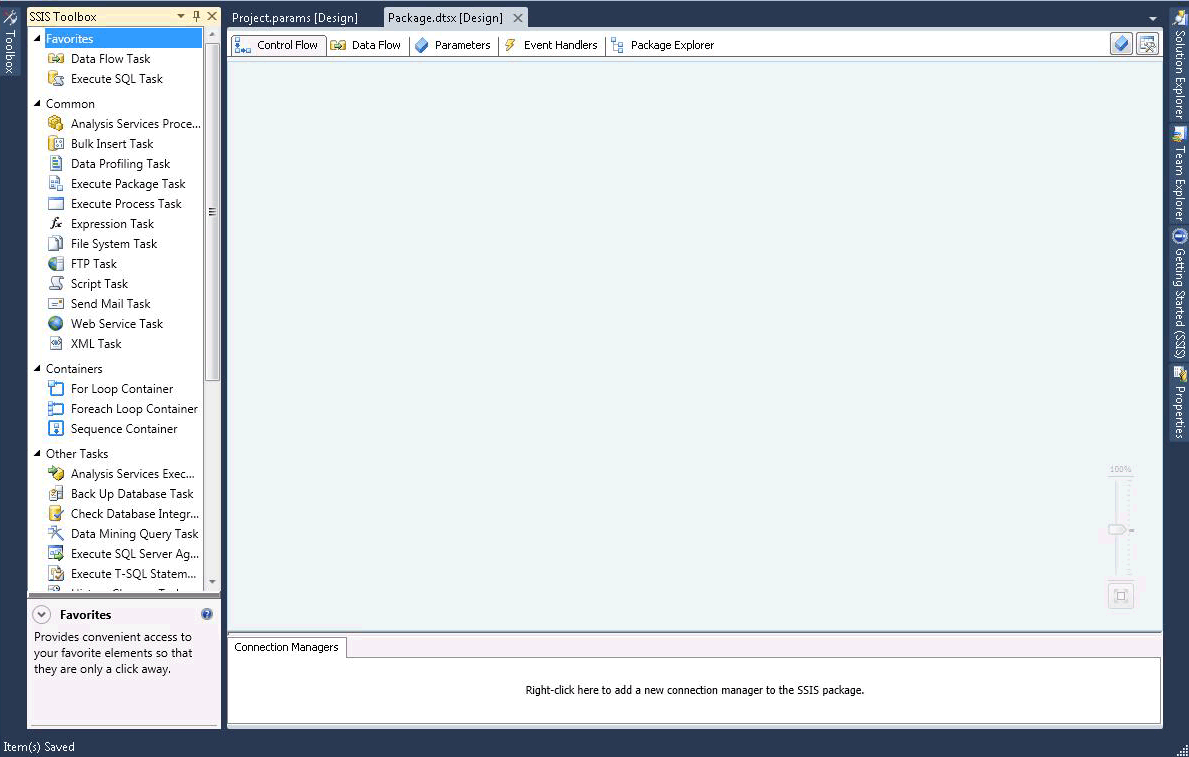 Captura del Diseñador de SSIS y el Cuadro de Herramientas