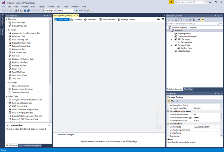 Captura de pantalla de Visual Studio que muestra el panel Cuadro de herramientas, el panel de diseño, el panel Explorador de soluciones y el panel Propiedades.