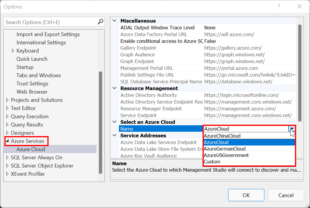 Captura de pantalla del tipo de selección de Azure cloud en SSMS