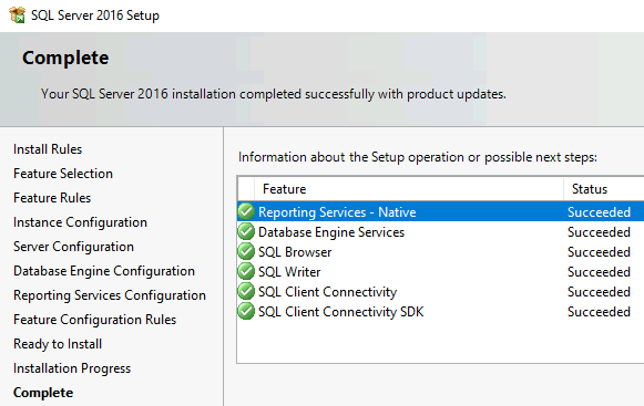Captura de pantalla de la página Completado en el Asistente para instalación. En una tabla se enumeran varias características y un estado de Correcto para cada una.