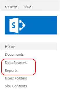 Captura de pantalla que muestra las opciones de menú Orígenes de datos y informes resaltados.