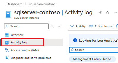 Captura de pantalla del registro de actividad resaltado para un recurso de instancia de SQL Server en Azure portal.