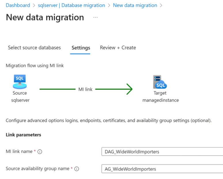 Captura de pantalla de los parámetros de enlace en la página de configuración de una nueva migración de datos en el portal de Azure.