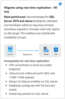 Captura de pantalla de la opción de migración de vínculo MI en la página de Migrar datos en el portal de Azure.