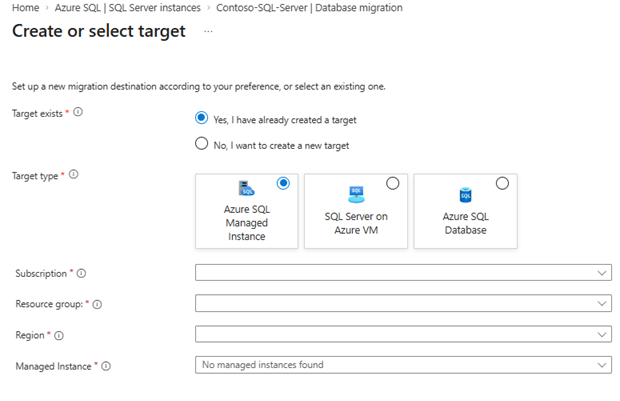 Captura de pantalla que muestra el panel Crear o seleccionar destino.
