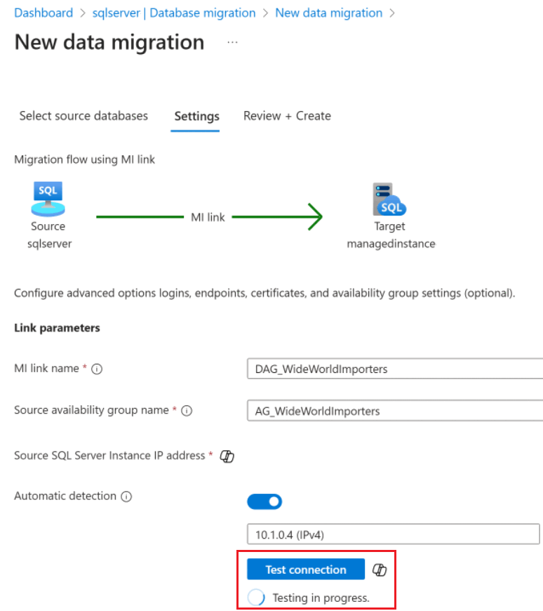 Screenshot que muestra el botón para probar la conexión del vínculo Managed Instance.
