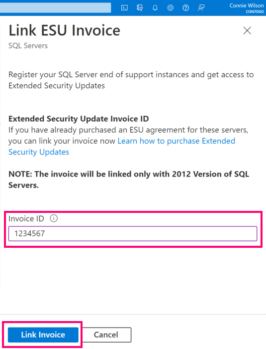 Captura de pantalla del ID de factura en la página de Vincular factura ESU (Link ESU invoice).