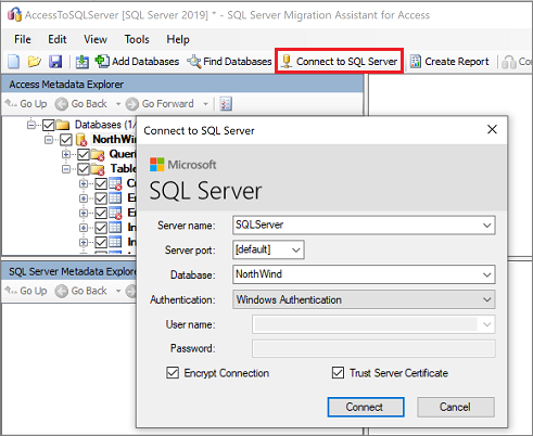 Captura de pantalla en la que se muestra la opción Connect to SQL&nbsp;Server (Conectarse a SQL&nbsp;Server).