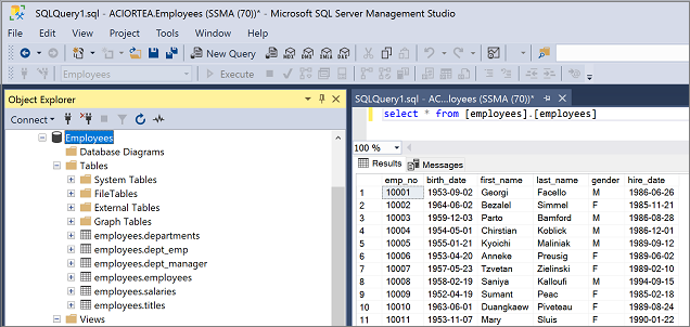 Captura de pantalla en la que se muestra la validación en SQL&nbsp;Server Management Studio.
