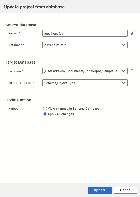 Captura de pantalla del cuadro de diálogo Actualizar base de datos en Visual Studio Code.