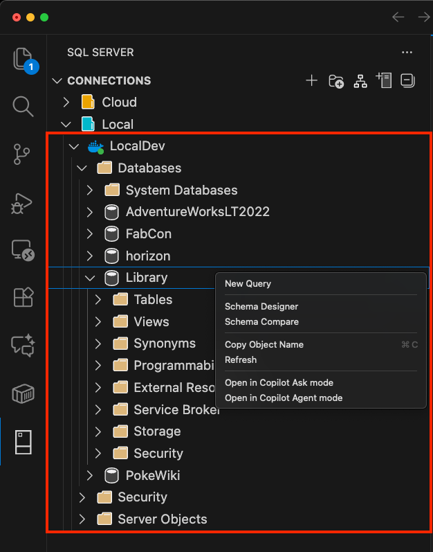 Captura de pantalla que muestra el menú contextual de la base de datos, seleccionando la opción Chat with this database (Chat con esta base de datos).