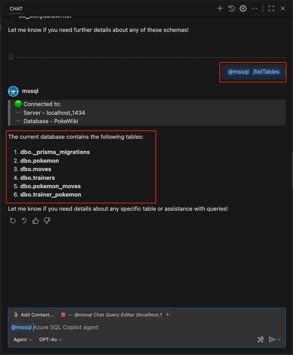 Captura de pantalla del uso del comando de barra diagonal /listTables en el chat de GitHub Copilot.