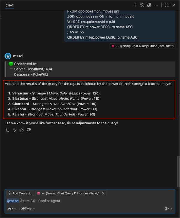 Captura de pantalla que muestra los resultados del comando de barra diagonal /runQuery para los mejores Pokémon poderosos.