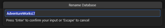 Captura de pantalla del mensaje de entrada en línea para Cambiar nombre de la base de datos.