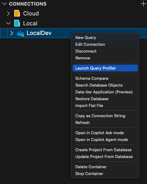 Captura de pantalla de la opción Iniciar generador de perfiles de consulta en el menú contextual Conexiones.