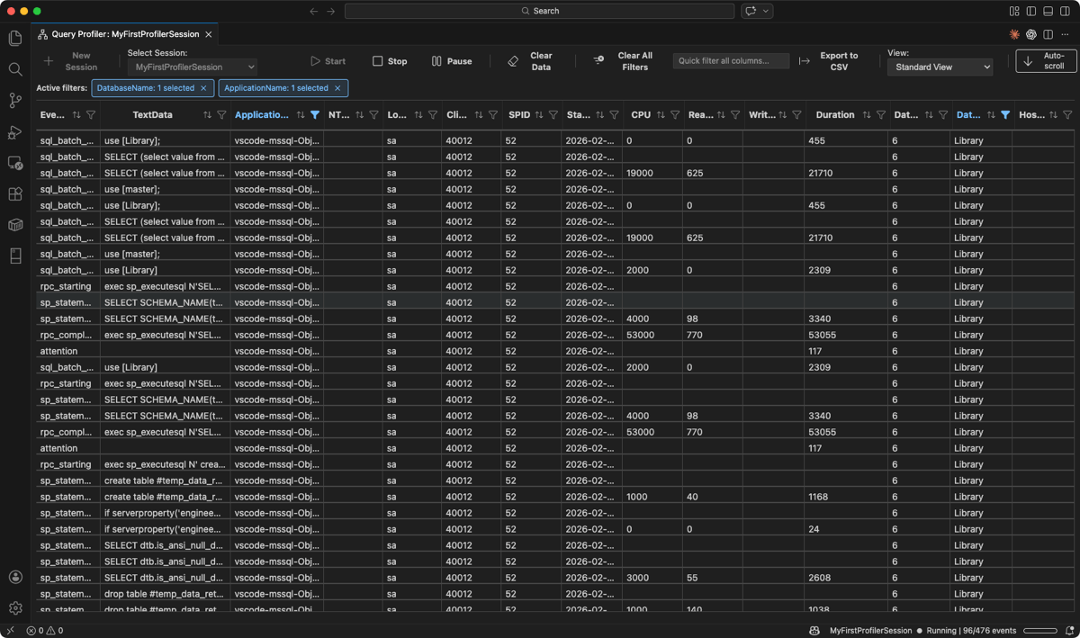 Captura de pantalla de los chips de filtro activos que muestran los filtros DatabaseName y ApplicationName aplicados.