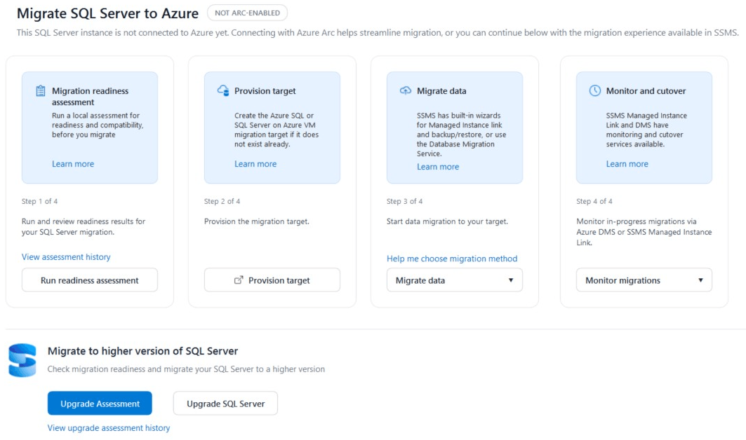  Captura de pantalla de la pestaña Migración que muestra las opciones de migración para instancias de SQL Server independientes.
