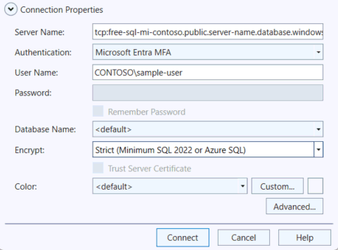 Captura de pantalla del cuadro de diálogo de conexión para Azure SQL.