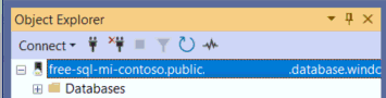 Captura de pantalla de una conexión a una instancia administrada de Azure SQL en el Explorador de objetos.