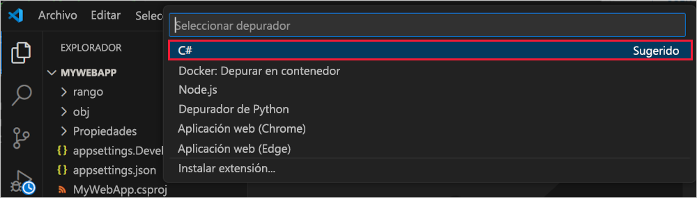 Captura de pantalla de la opción Seleccionar depurador en la paleta de comandos.