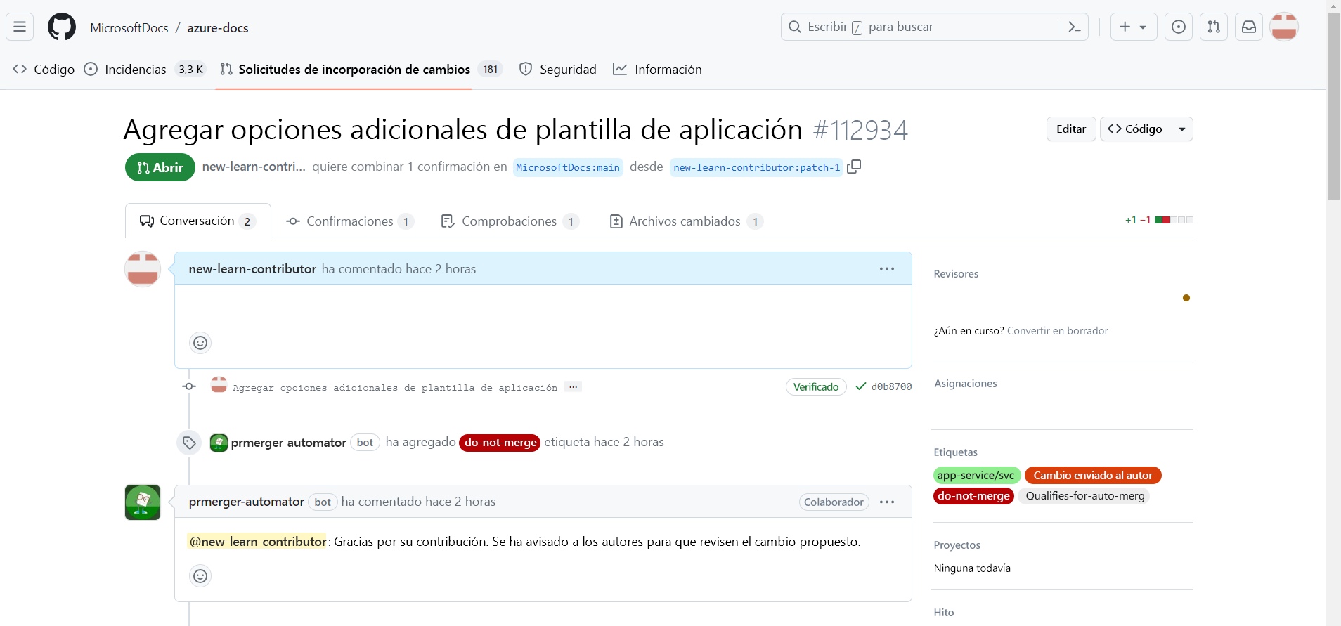 Captura de pantalla de un pull request abierto.